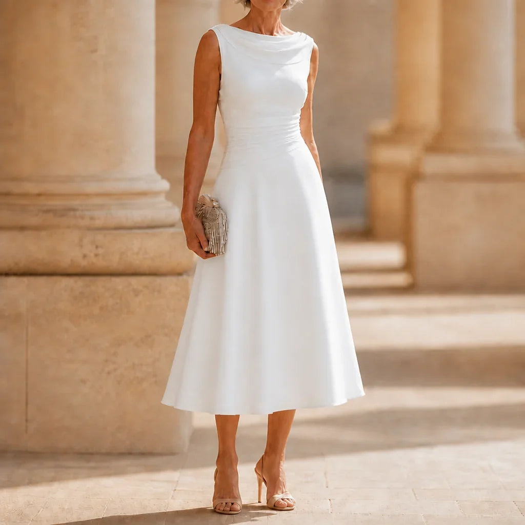Damen Hochzeitsgastkleid | Midi Drapierter Hals Falten Fit und Flare