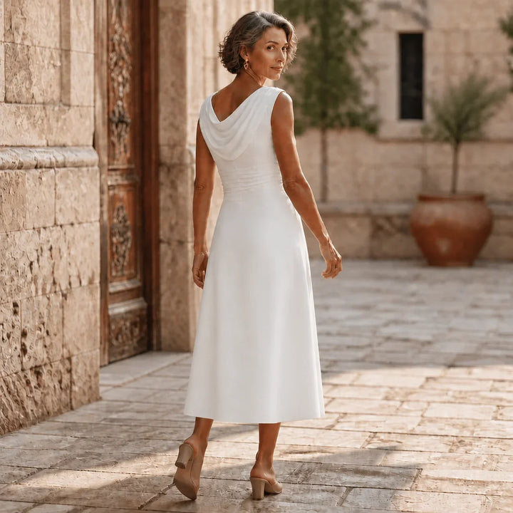 Damen Hochzeitsgastkleid | Midi Drapierter Hals Falten Fit und Flare