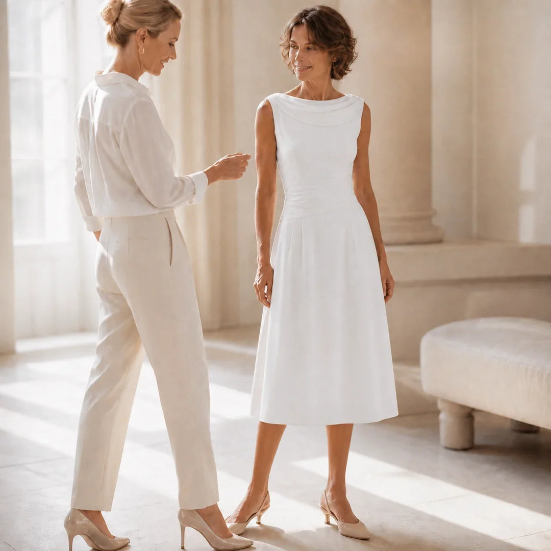 Damen Hochzeitsgastkleid | Midi Drapierter Hals Falten Fit und Flare