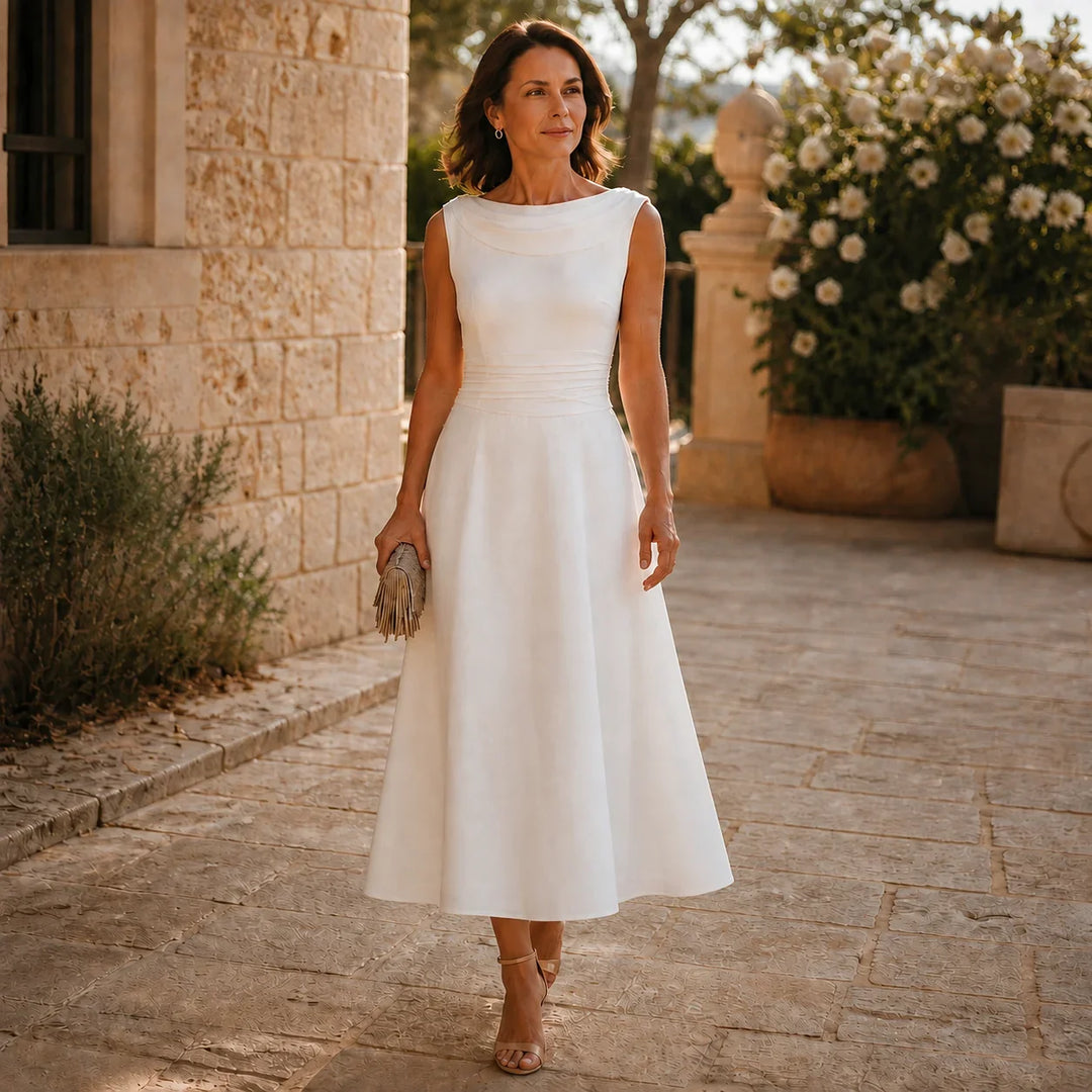 Damen Hochzeitsgastkleid | Midi Drapierter Hals Falten Fit und Flare