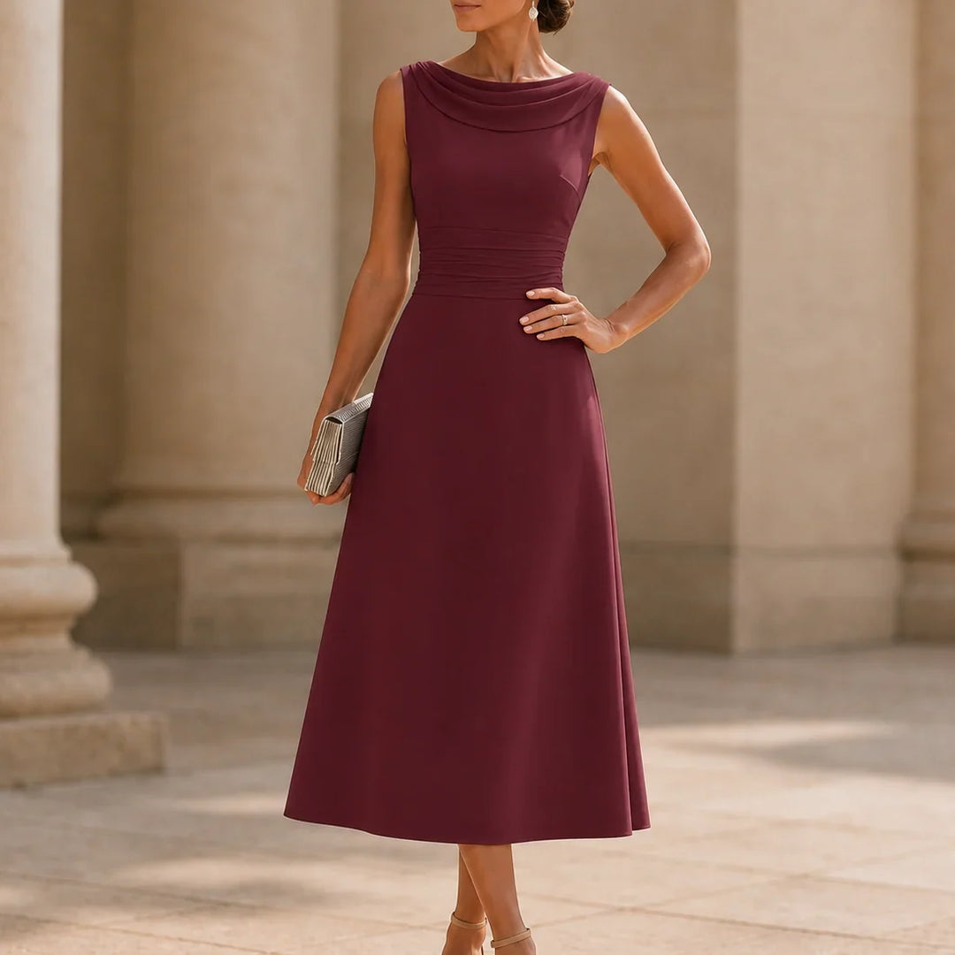 Damen Hochzeitsgastkleid | Midi Drapierter Hals Falten Fit und Flare