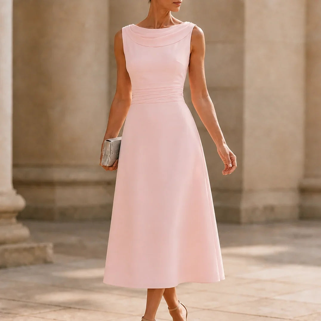Damen Hochzeitsgastkleid | Midi Drapierter Hals Falten Fit und Flare