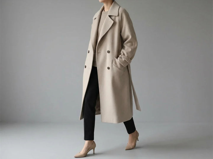 Manteau en laine pour femme | Long manteau croisé à ceinture