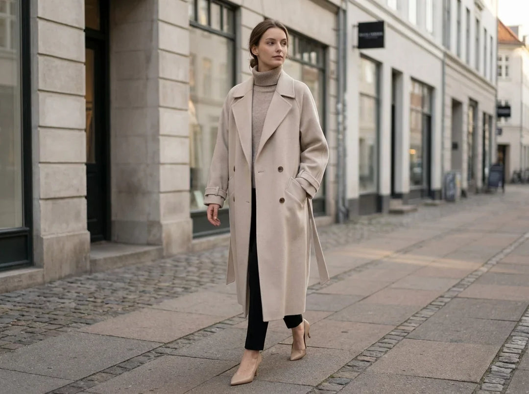 Manteau en laine pour femme | Long manteau croisé à ceinture