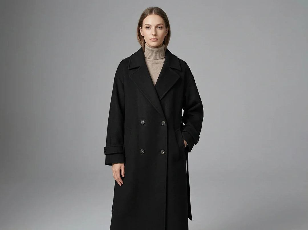 Manteau en laine pour femme | Long manteau croisé à ceinture