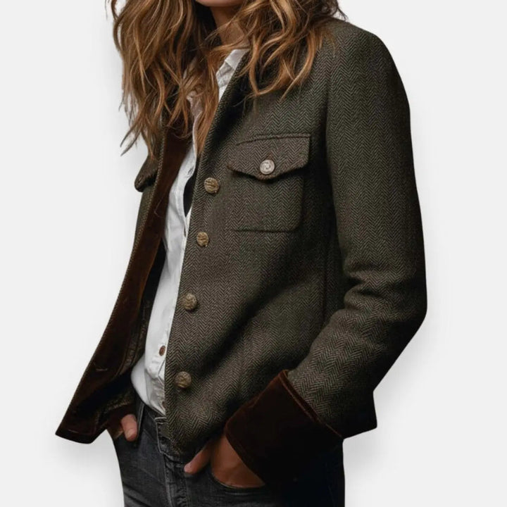 Mia | Damen Herringbone Tweed Utility Steppjacke mit goldenen Knopfdetails