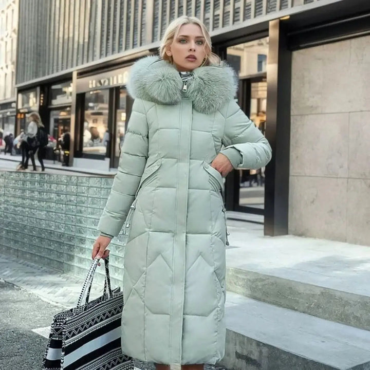 Lily | Damen Lange Kapuzenjacke mit Kunstfellbesatz und Steppung