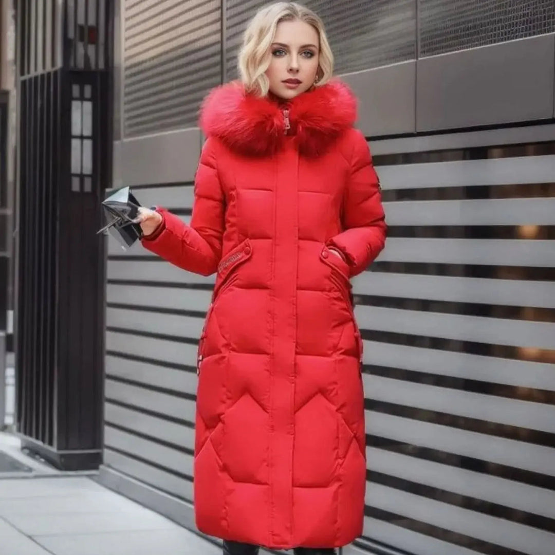 Lily | Damen Lange Kapuzenjacke mit Kunstfellbesatz und Steppung