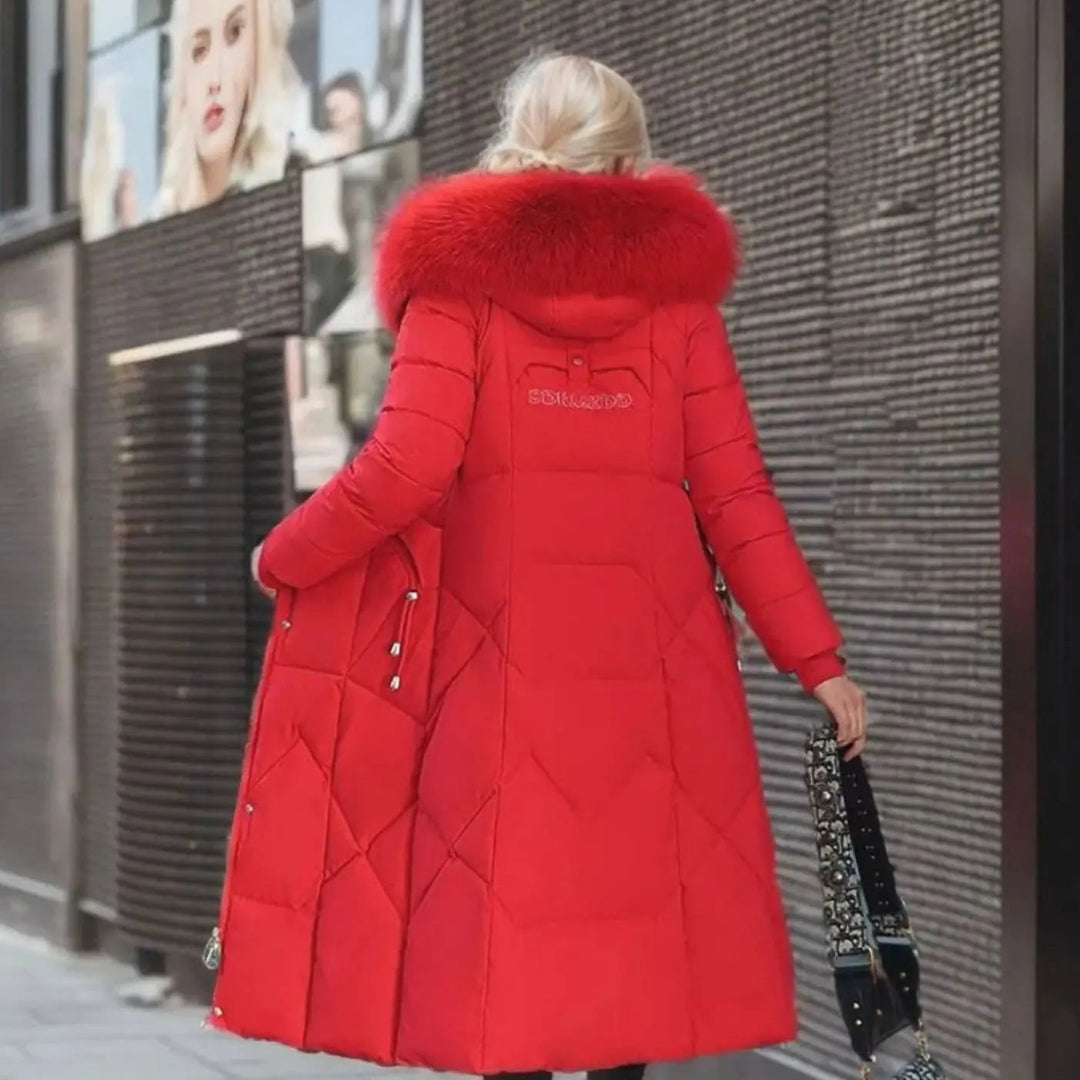 Lily | Damen Lange Kapuzenjacke mit Kunstfellbesatz und Steppung