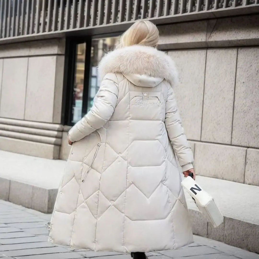 Lily | Damen Lange Kapuzenjacke mit Kunstfellbesatz und Steppung