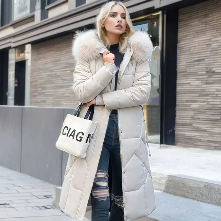 Lily | Damen Lange Kapuzenjacke mit Kunstfellbesatz und Steppung