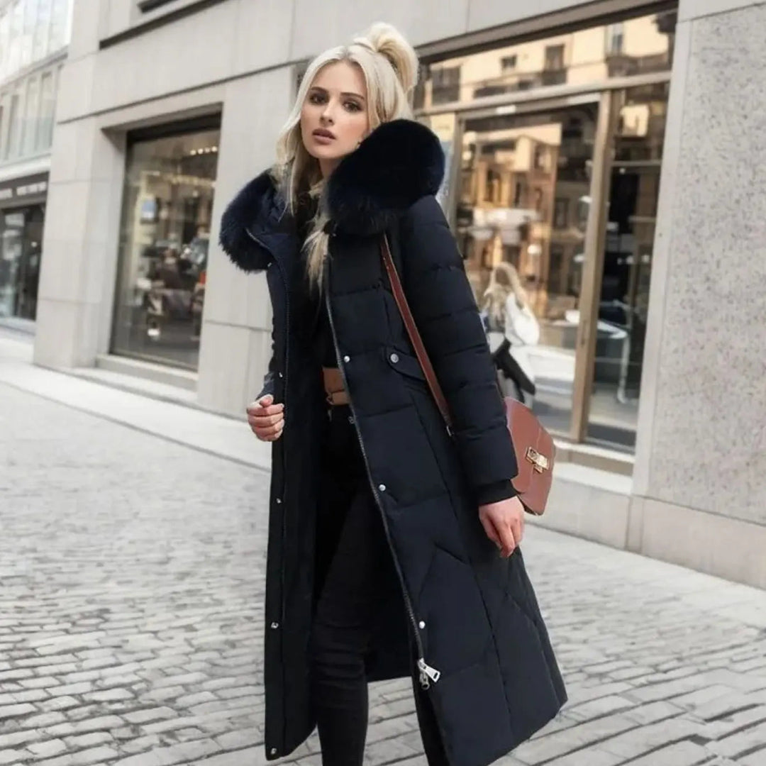 Lily | Damen Lange Kapuzenjacke mit Kunstfellbesatz und Steppung