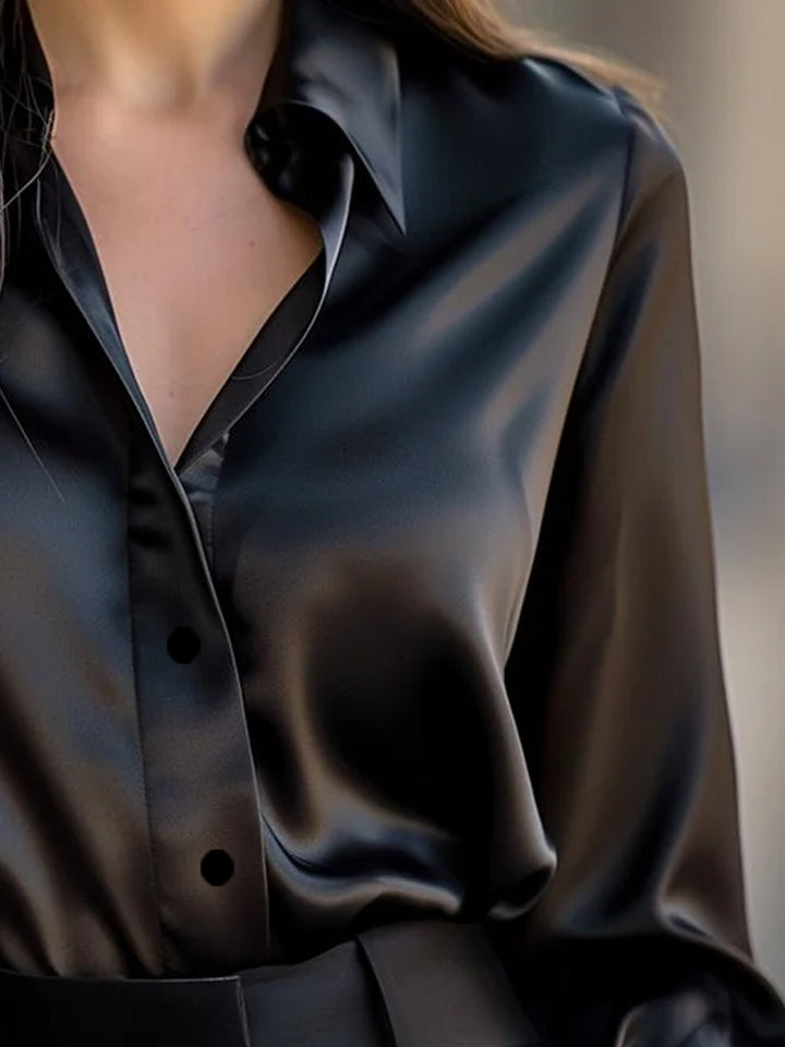 Damen Satin Langarmbluse mit Reverskragen – Locker und leicht