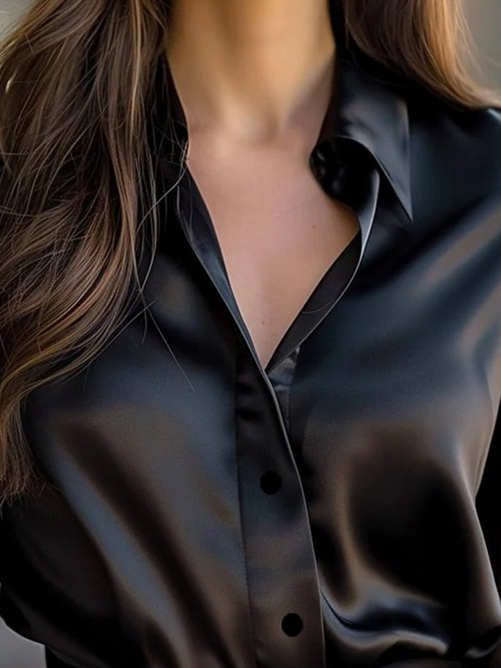 Damen Satin Langarmbluse mit Reverskragen – Locker und leicht