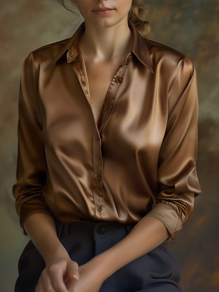Damen Satin Langarmbluse mit Reverskragen – Locker und leicht