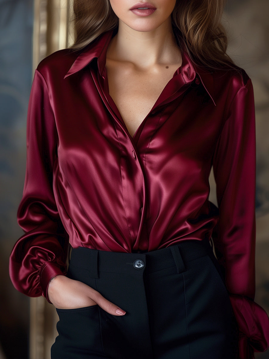 Damen Satin Langarmbluse mit Reverskragen – Locker und leicht