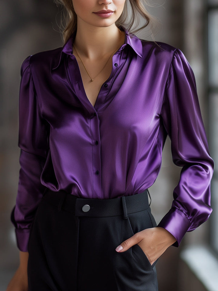 Damen Satin Langarmbluse mit Reverskragen – Locker und leicht