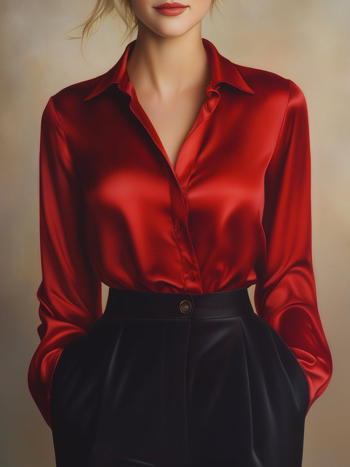 Damen Satin Langarmbluse mit Reverskragen – Locker und leicht