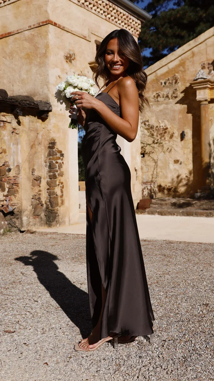 Long Slip Dress with Straight Neckline and Side Split for Women | Ideal for Evenings or Festive Occasions